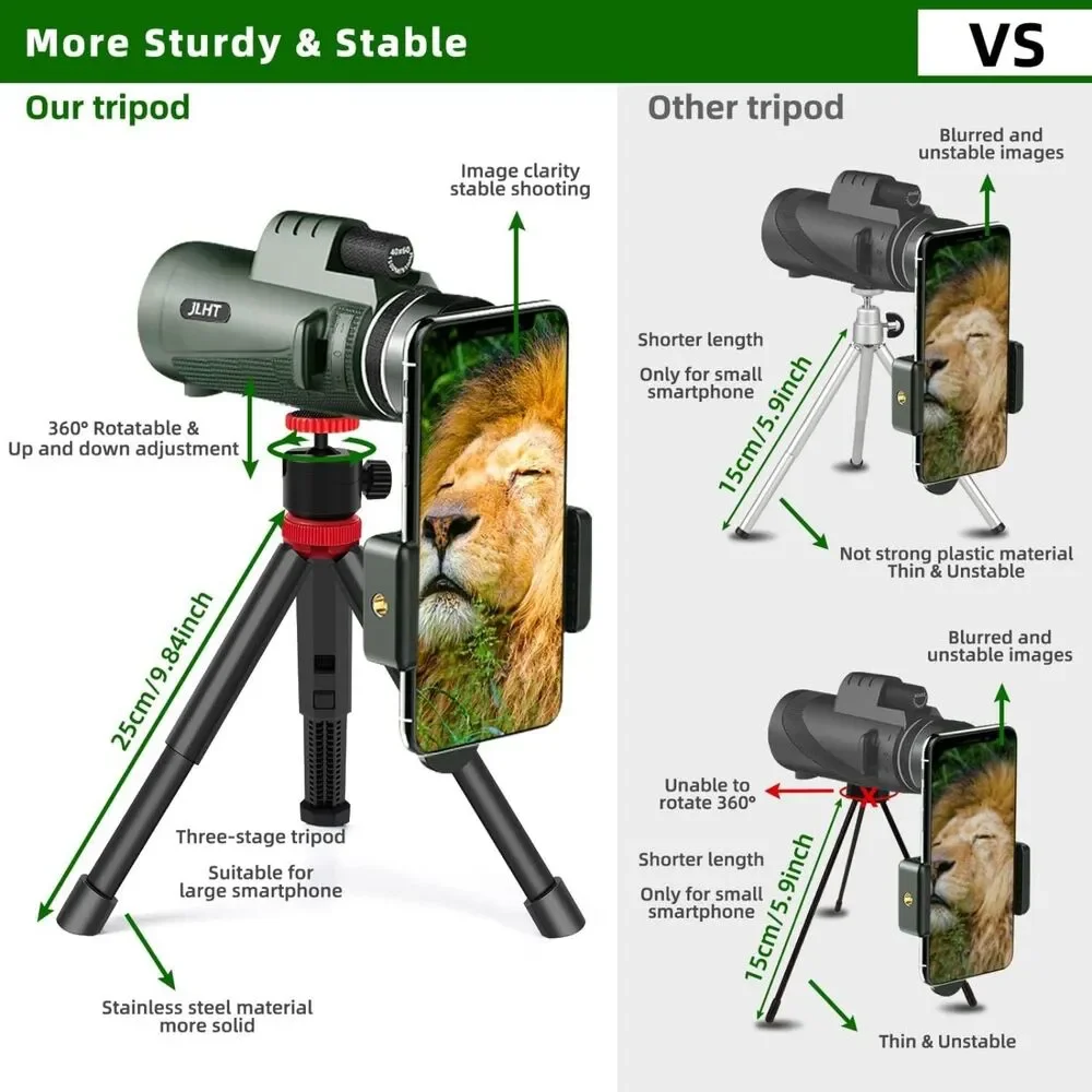 40X60 High Power Monocular Telescope with Smartphone Adapter Tripod Travel Bag